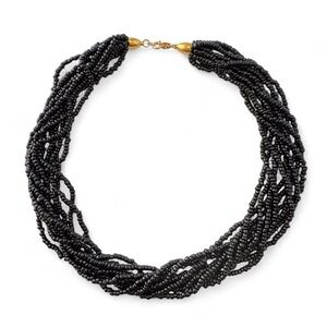 Vintage TRIFARI Black Glass Seed Beaded Multi Strand Collar Necklace